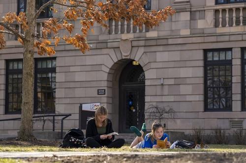 Two individuals lay in the grass while reading books.